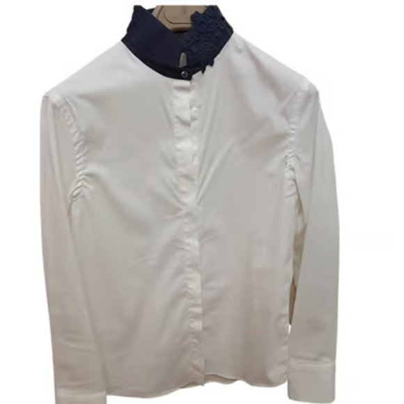 Brunello Cucinelli White Cotton Shirt with Blue Embroidered Collar 40IT - Picture 1 of 5
